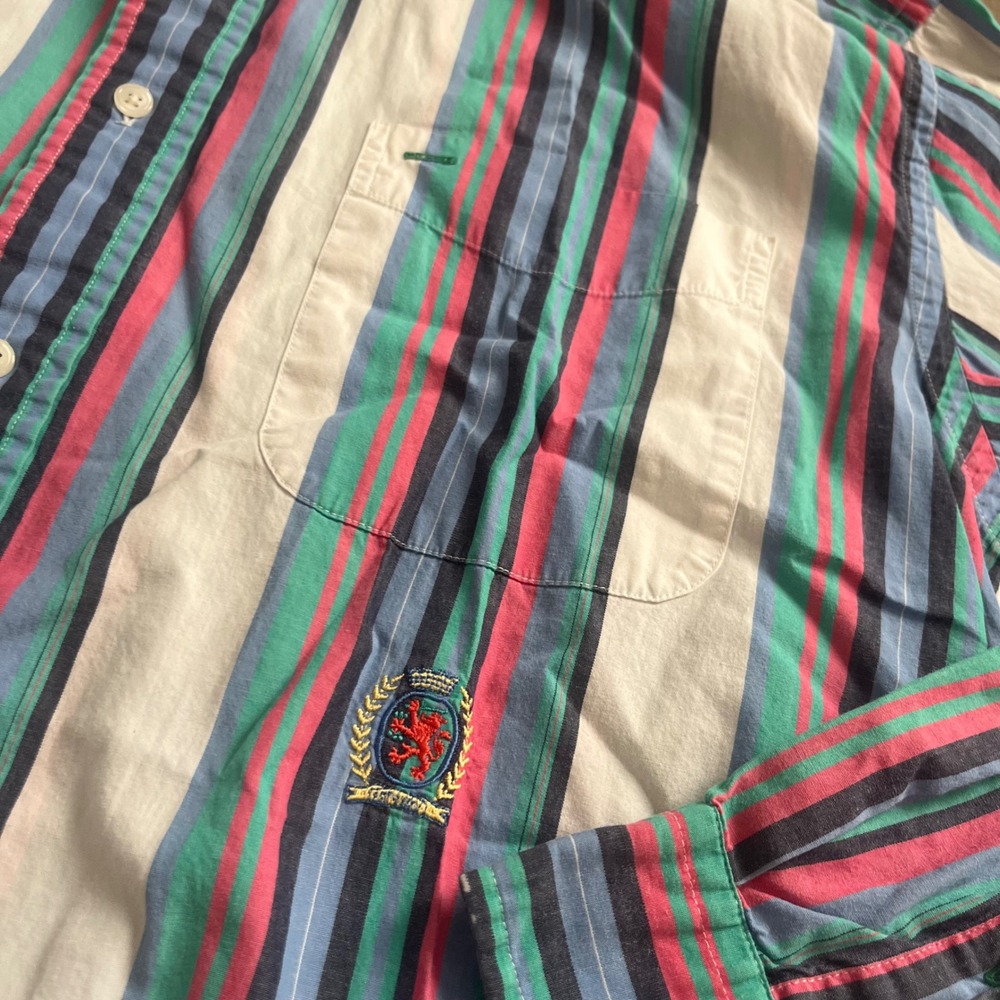Vintage Tommy Hilfiger Mens Medium Striped Button Down Shirt Crest Bin F-16 - Picture 2 of 5